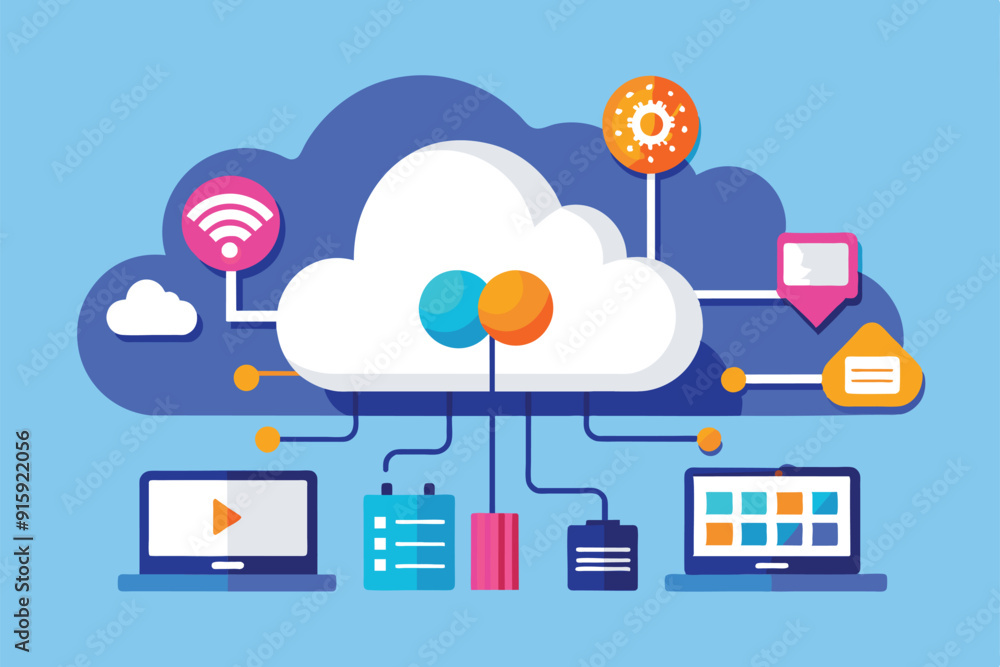 Poster a vibrant illustration of a cloud symbolizing data synchronization between various devices and platf