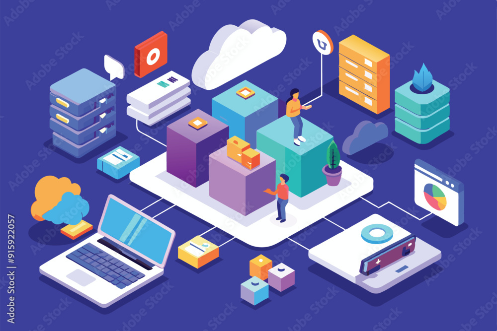 Poster illustration depicting customizable cloud sync with various digital components, showcasing data mana