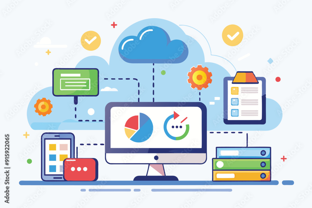 Aufkleber an illustration showcasing cloud synchronization with various devices displaying data and analytics 