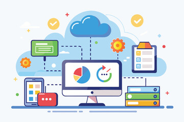 Fototapeta premium An illustration showcasing cloud synchronization with various devices displaying data and analytics in a vibrant digital environment