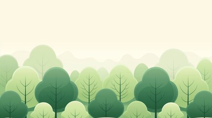 2D illustration of a green forest with tall trees with basic shapes on a neutral colored background in a simplicity of drawing in a minimalist vector style