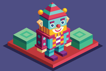 A cheerful, customizable clown design stands on a colorful platform, surrounded by geometric shapes, inviting creativity and imagination