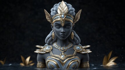 Obraz premium Goddess Emerging from Water with Ornate Gold Adornments and Serene Expression, Enchanting Fantasy Art