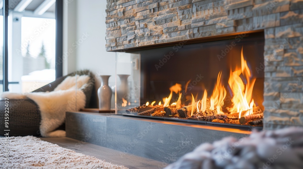 Poster a roaring fireplace fills the room with warmth, while soft textures and modern décor enhance the inv