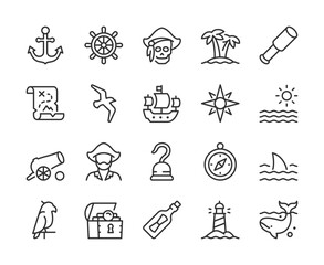 Marine and Seafaring, Icon Set. Nautical Adventures and Maritime Exploration. Ancient Ships, Captain, Anchor, Pirate, Skull, Island, Seagull, Map, Hook, Cannon, Ocean. Line with editable stroke