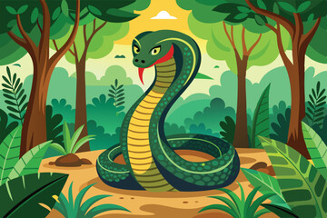 Obraz premium A vibrant cobra raises its hood amidst dense greenery, showcasing its striking colors under the bright sunlight