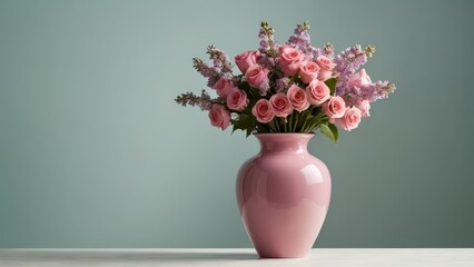 Bouquet of pink flowers in a pink vase on a blue background