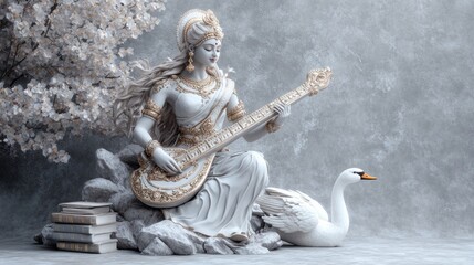 Graceful depiction of Saraswati, the goddess of knowledge and arts, sitting amidst blooming flowers, playing the veena, symbolizing wisdom and creativity