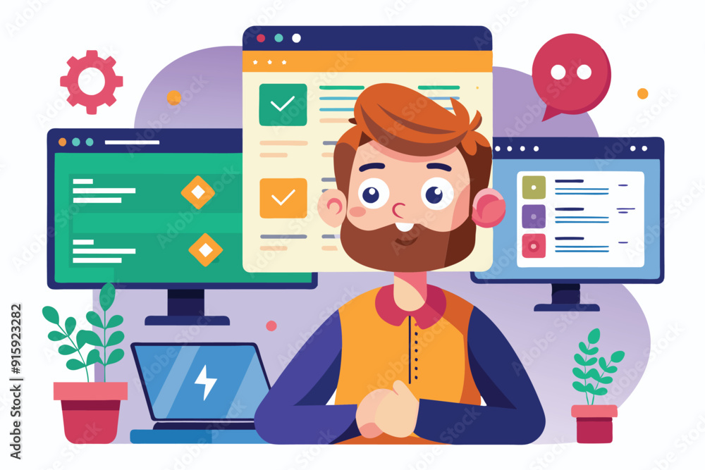Poster a cartoon programmer sits at a desk with code snippets on screens, surrounded by plants, creating a 