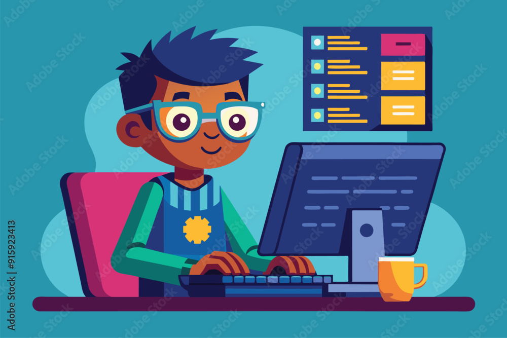 Aufkleber a young programmer types code on a computer, focused and smiling, in a vibrant, well-lit room with c