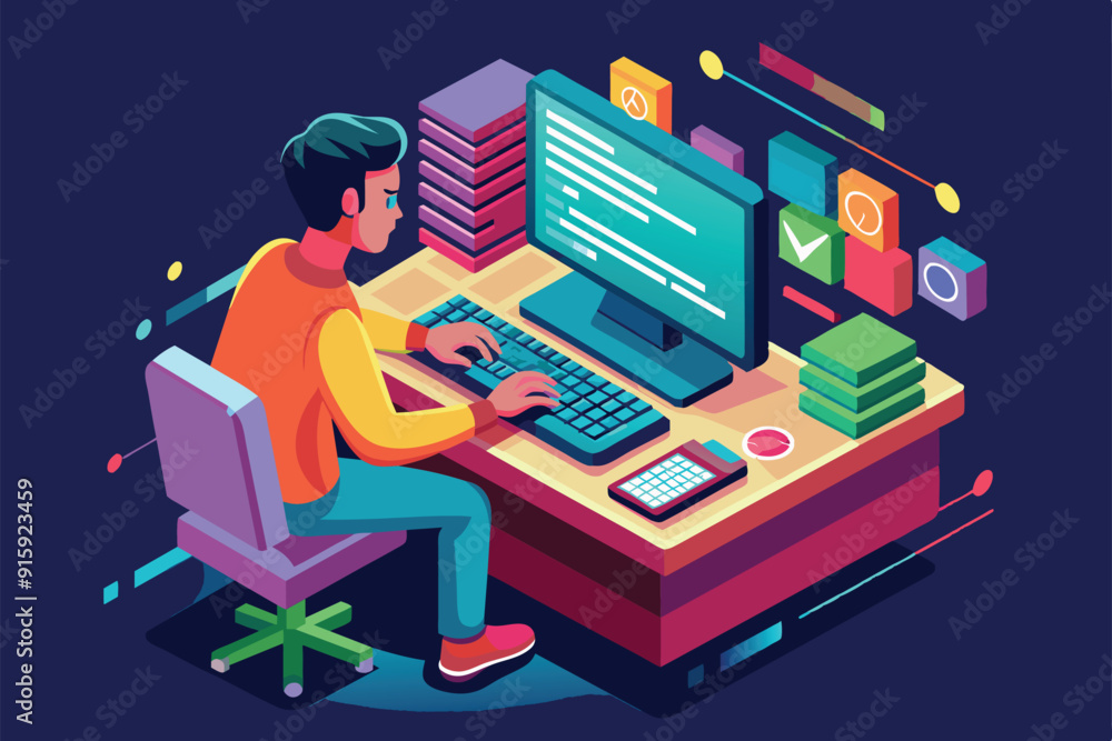 Poster a young developer actively types code at a desk, surrounded by vibrant data visuals, stacks of files