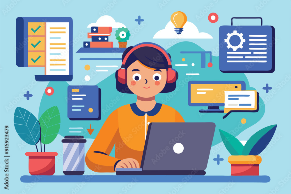 Poster a person focused on coding at a laptop, surrounded by vibrant elements representing tasks, ideas, an