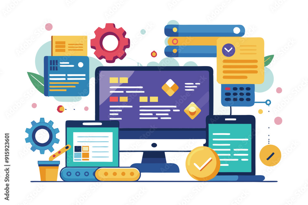 Poster a vibrant coding workspace showcases various devices displaying code and colorful design elements, h
