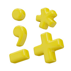 Punctuation marks: dot, comma, plus, minus or dash, asterisk. Isolated on a transparent background. 3D render of marks in yellow plastic with a glossy texture.