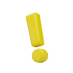 Exclamation mark icon. Punctuation mark isolated on a transparent background. 3D render of a sign in yellow plastic with a glossy texture.