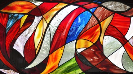 Colorful stained glass displays a swirling pattern of reds, yellows, and blues illuminated by sunlight