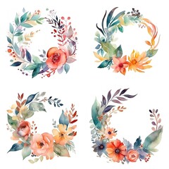 Four watercolor floral wreaths with leaves and flowers.