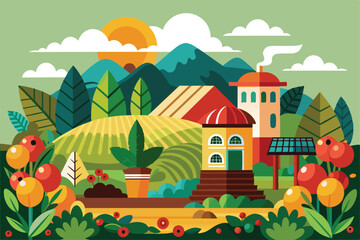 A lively coffee farm features lush greenery, colorful flowers, and rolling hills under a bright sky with mountains in the background