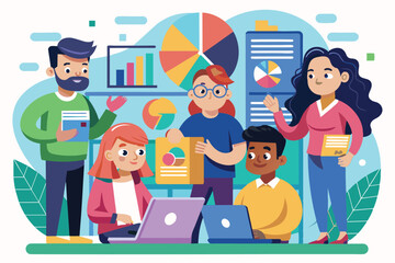 A diverse team works together at laptops, discussing charts and graphs on a wall, focusing on data analysis and collaborative strategies in a bright environment