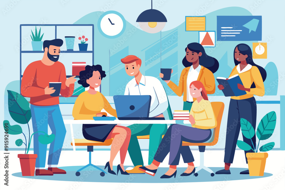 Poster colleagues engage in discussion and brainstorming while working together around a table in a vibrant