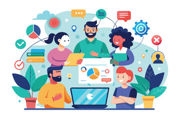 A diverse team discusses strategies while analyzing charts and data on a laptop in a modern office setting