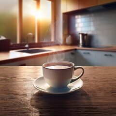 Fototapeta premium cup of coffee on a table in a nice kitchen