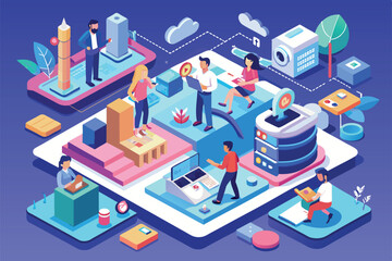 Fototapeta premium A vibrant isometric illustration depicts a diverse team engaging in various collaborative activities in a modern workspace