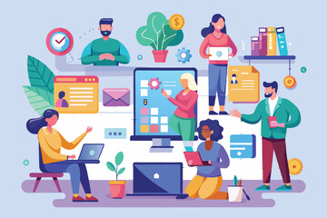 Fototapeta premium Diverse professionals collaborate in a vibrant workspace filled with technology, tools, and greenery, focusing on creative project development and communication