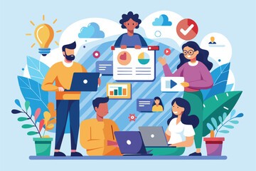 Fototapeta premium A diverse team collaborates in an office, analyzing data on laptops and discussing strategies, surrounded by plants and colorful graphics