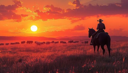 A cowboy on horseback guides a herd of cattle across open plains as the sun sets, casting a warm glow over the landscape.