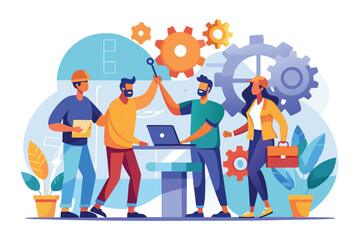 A diverse team collaborates enthusiastically around a desk, sharing ideas and tools to enhance their project development efforts in a contemporary workspace