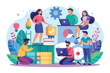 A diverse group of professionals collaborate creatively, utilizing laptops and resources in a modern workspace filled with plants and tools