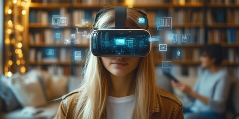 Woman using virtual reality goggle for buying product in online market. Smart girl wearing headset while connecting with market place and shopping in living room. Technology innovation concept.