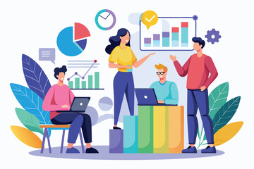 Fototapeta premium Team members collaborate on growth analysis, sharing insights and data visualizations while fostering a productive discussion in a lively environment