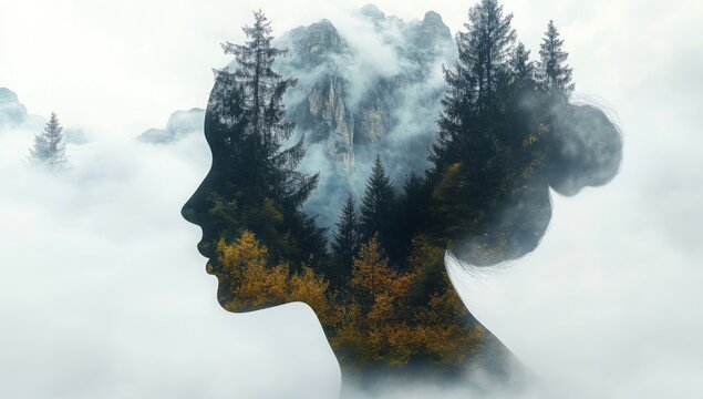 Double exposure combines a woman's face, high mountains and forest. Panoramic view. The concept of the unity of nature and man. Dream, reminisce or plan a climb. Memory of a mountaineer. Illustration.