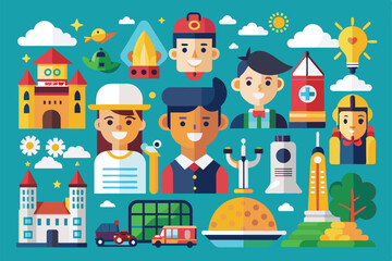 Obraz premium A lively illustration showcasing unique characters involved in different activities against a bright background filled with icons and symbols of community life