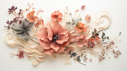 A vibrant arrangement of paper flowers and foliage in soft colors, showcasing intricate design.