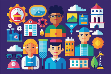 A variety of characters participate in different tasks, showcasing urban life elements in a lively and colorful environment