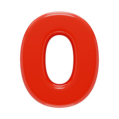 Volumetric number zero, isolated on a transparent background. 3D digit 0 in red color plastic with a glossy texture. Photorealistic render.