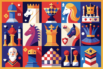 A vibrant collection of chess posters features various pieces and elements symbolic of the game, showcasing artistry and strategy