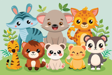 Fototapeta premium A delightful assortment of adorable baby animals gathered in a vibrant forest, each showcasing unique features while playfully interacting