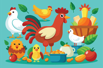 A vibrant assortment of chicken and turkey icons surrounded by food and foliage, showcasing their playful character and lively environment