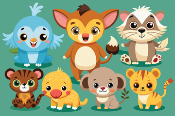 Obraz premium A delightful assortment of baby animals joyfully interacting in a lively green environment, showcasing their playful nature and charm