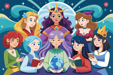 A group of diverse female characters surrounds a globe, each holding books and engaged in a mystical prediction of fate