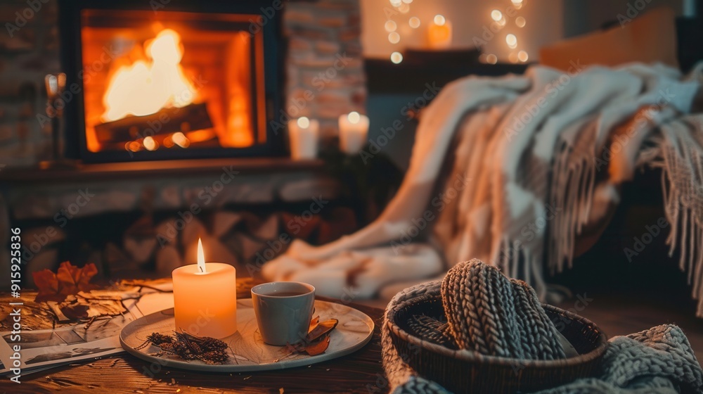 Aufkleber the warm glow of a roaring fireplace creates a comforting atmosphere, accompanied by a candle, soft 
