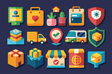 A vibrant assortment of icons displays packages, delivery vehicles, and shopping elements in a creative design meant for online shopping themes