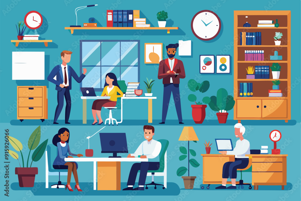Poster colleagues interact and collaborate while others focus on their tasks in a vibrant office setting fi