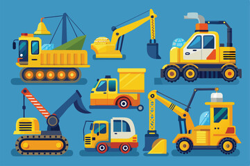 Various construction machines are displayed, showcasing their roles in building and excavation activities on-site