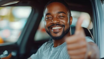 Obraz premium Happy man and portrait in car with thumbs up for finance sale or dealership agreement for insurance Vehicle safety and customer with choice at showroom and thank you for luxury auto tr