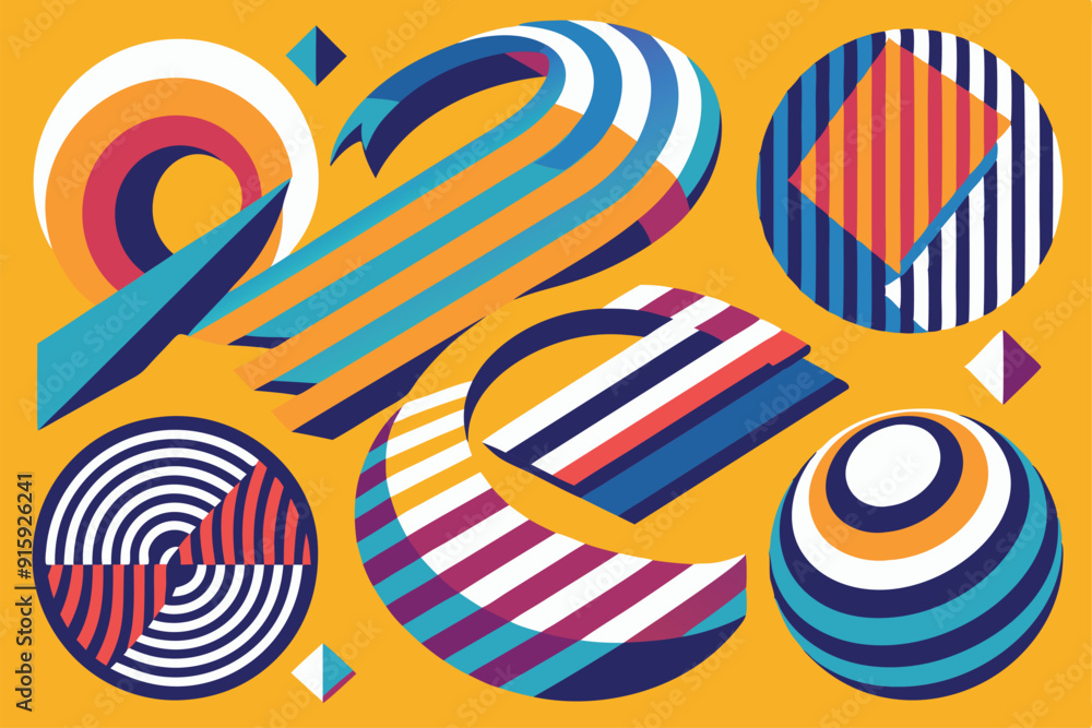Poster a vibrant arrangement of rotating elements and stripes forms dynamic patterns creating a lively visu